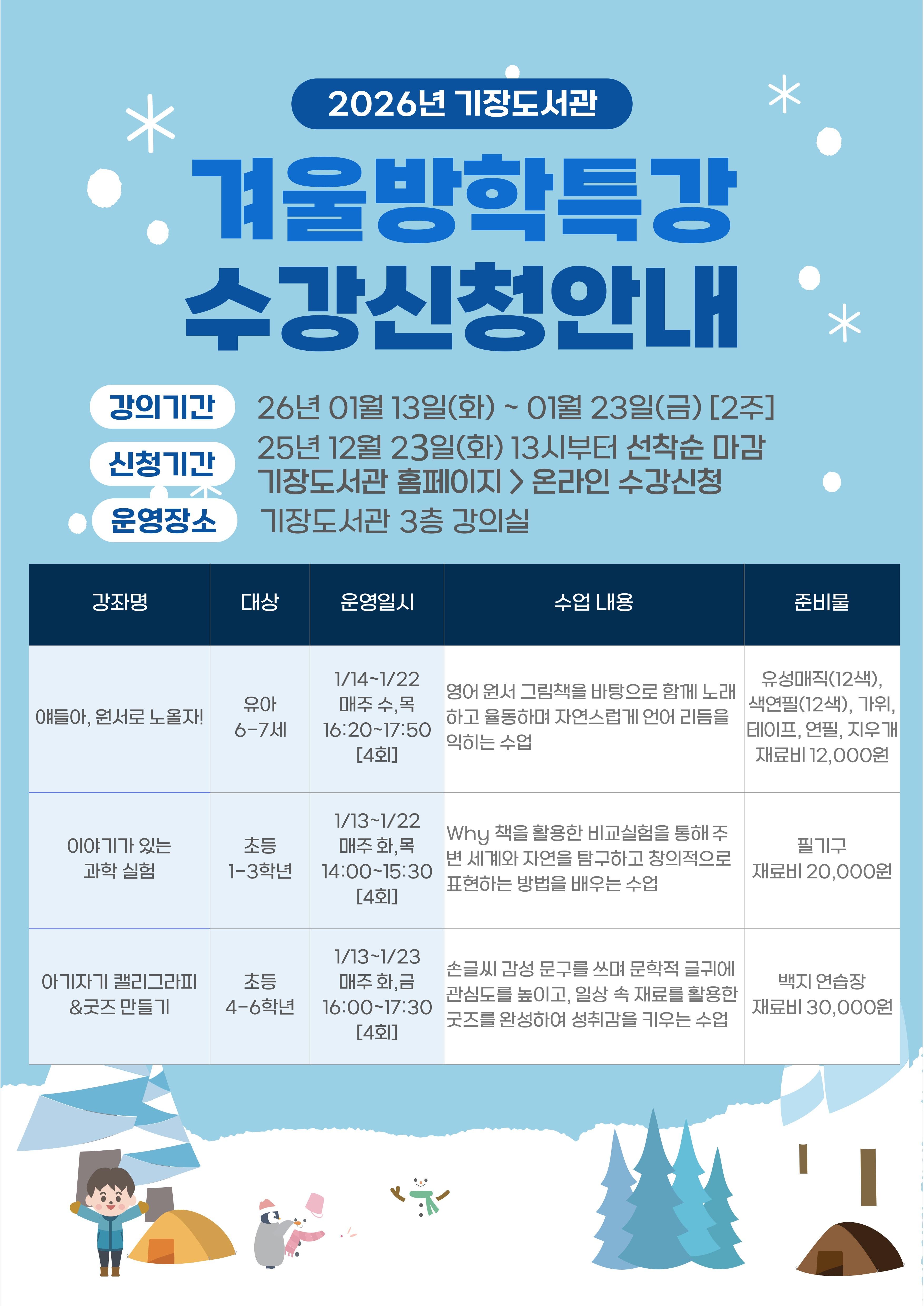 2026년 기장도서관 겨울방학특강 안내문